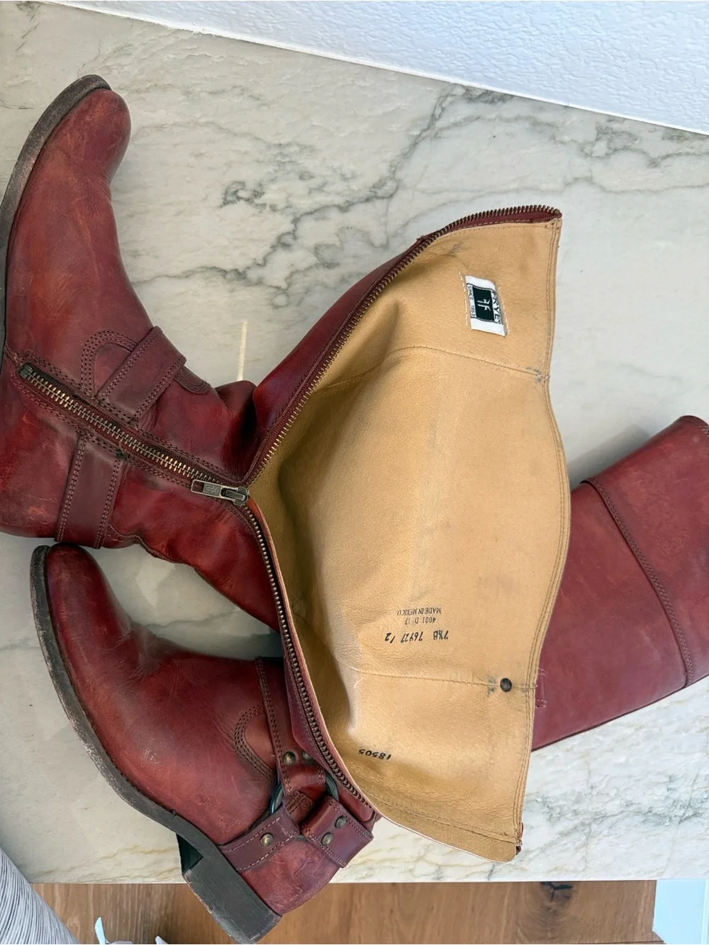 Frye Melissa Harness Leather Riding Boots in a reddish-brown color